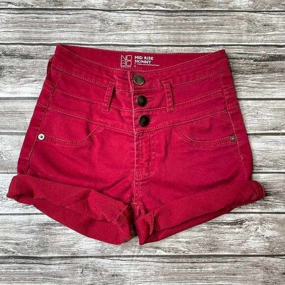 NoBo Mid Rise Skinny Cutoff Cut Off Cuffed Jean Shorts Deep Dark Red 1 Buttons - Picture 1 of 9